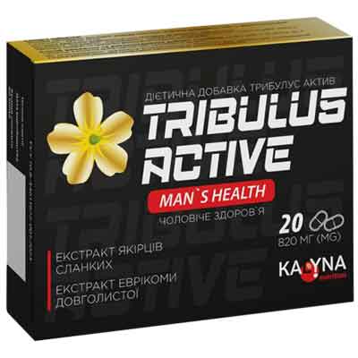 Упаковка дієтичної добавки Tribulus Active для чоловічого здоров'я, що містить екстракти якірців сланких та еврікоми довголистої.