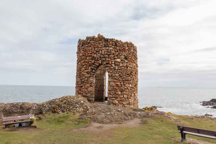 View of the ruined Lady's Tower and recreational areas. Scotland, Fife.