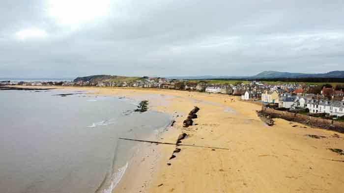 Aerial view of Earlsferry Beach in Scotland.