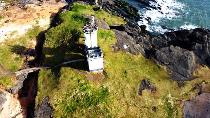 Aerial photograph of Elie Ness Lighthouse in Scotland.