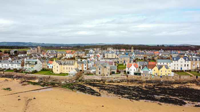 Panoramic view of the coastal village of Elie in Scotland.